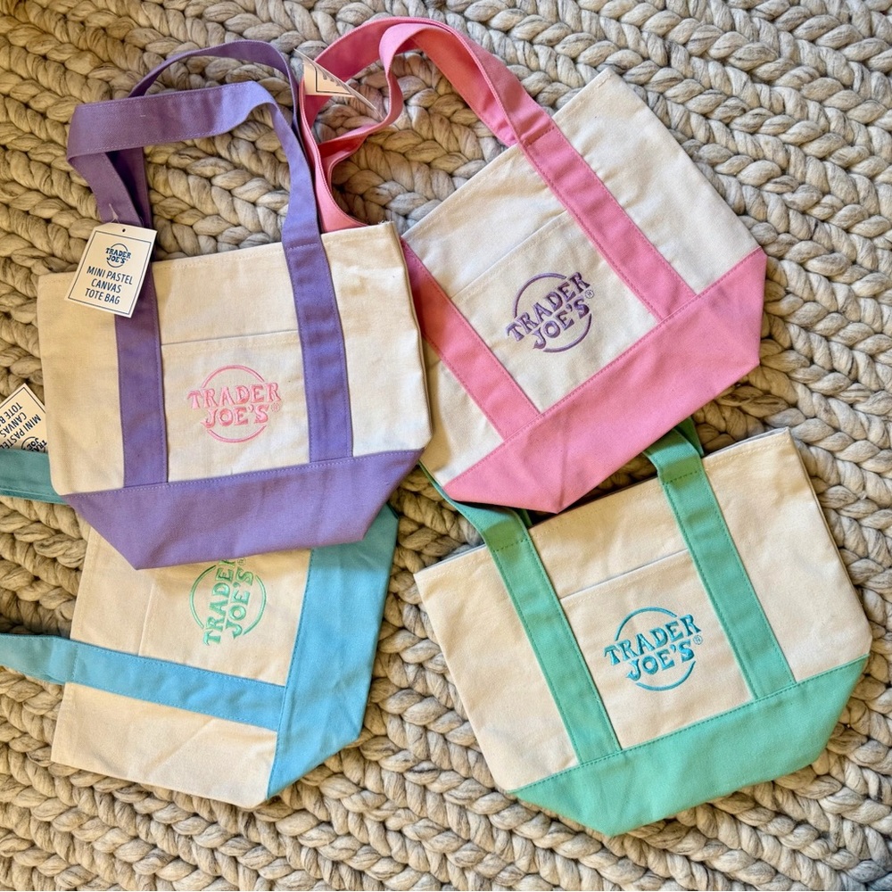 NWT Trader Joe’s Mini Pastel Canvas Tote Bag Set Of 4 Colors